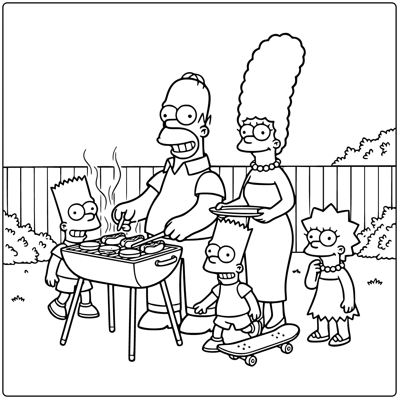 Simpsons kleurplaat: Homer grilt trots in achtertuin met Marge