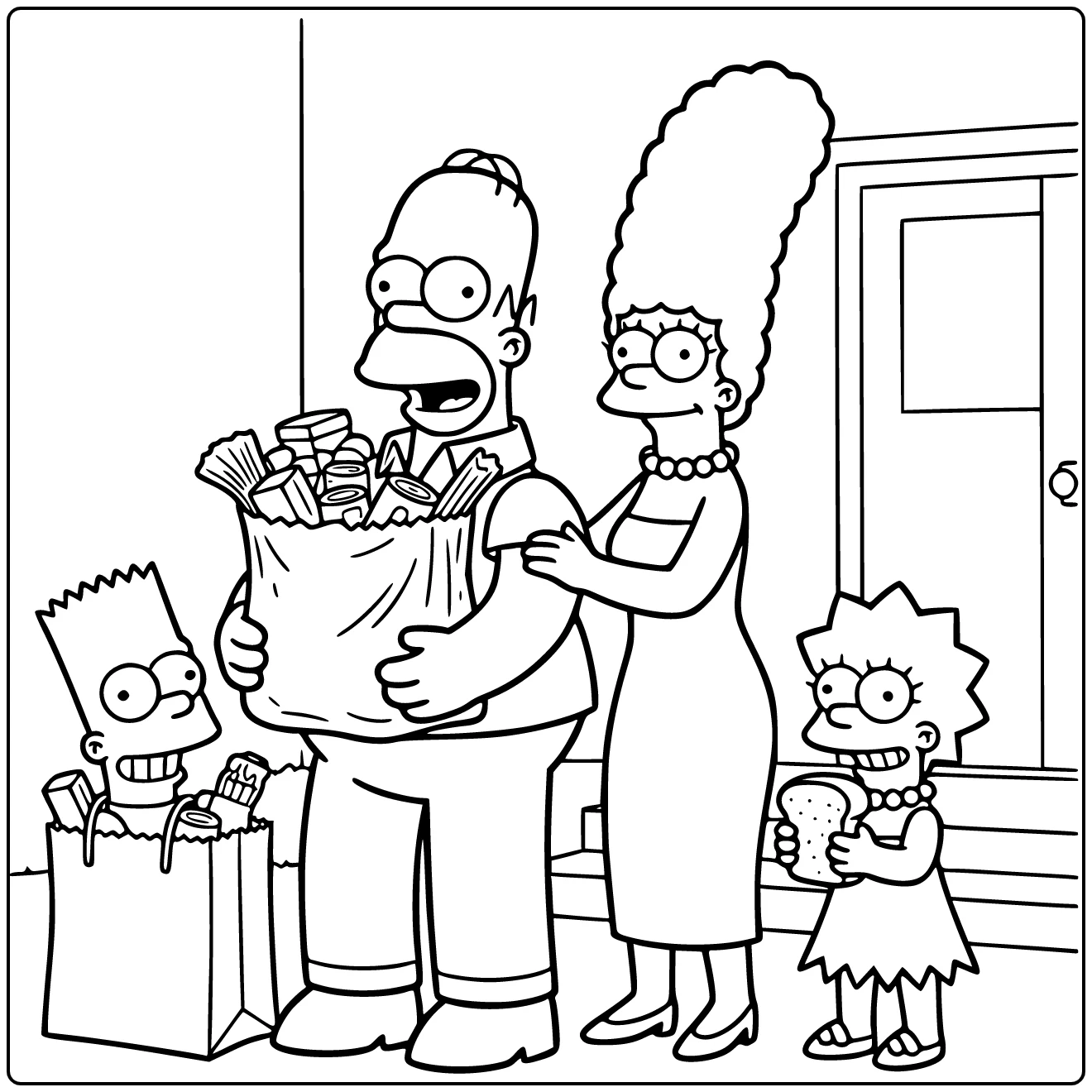 Simpsons kleurplaat: Homer draagt boodschappen, Marge helpt
