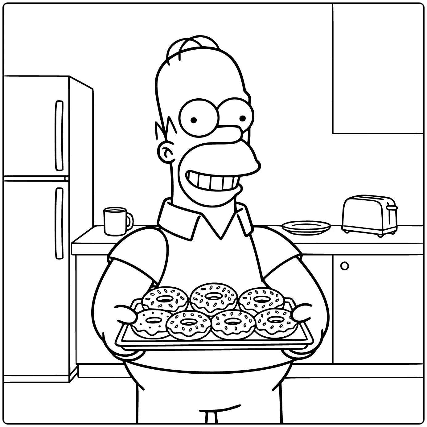 Homer Simpson Kleurplaat: in keuken met donuts