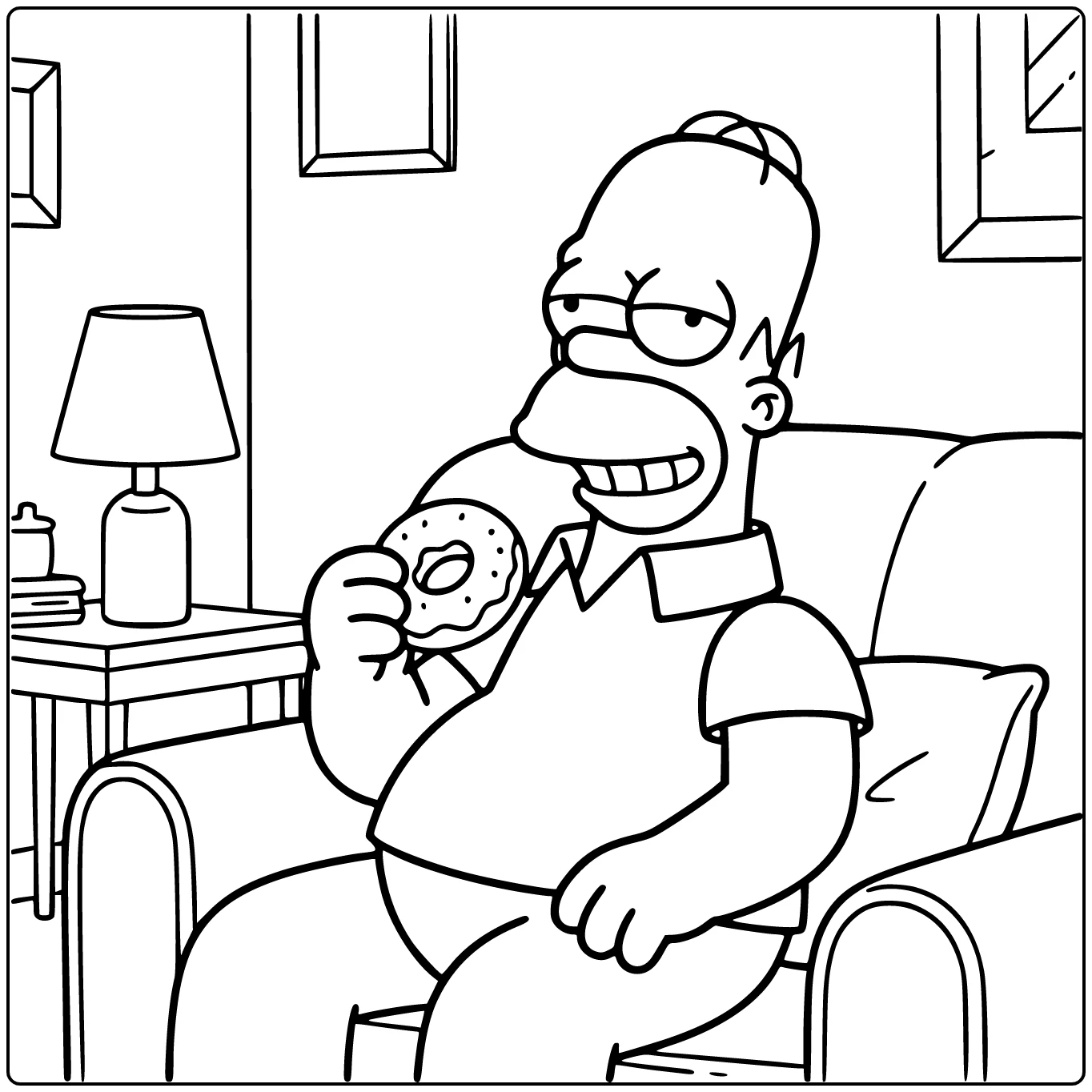 Homer Simpson Kleurplaat: op knusse bank met donut