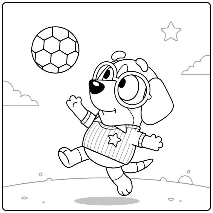 Honey Bluey Kleurplaat: Honey springt naar voetbal met bril