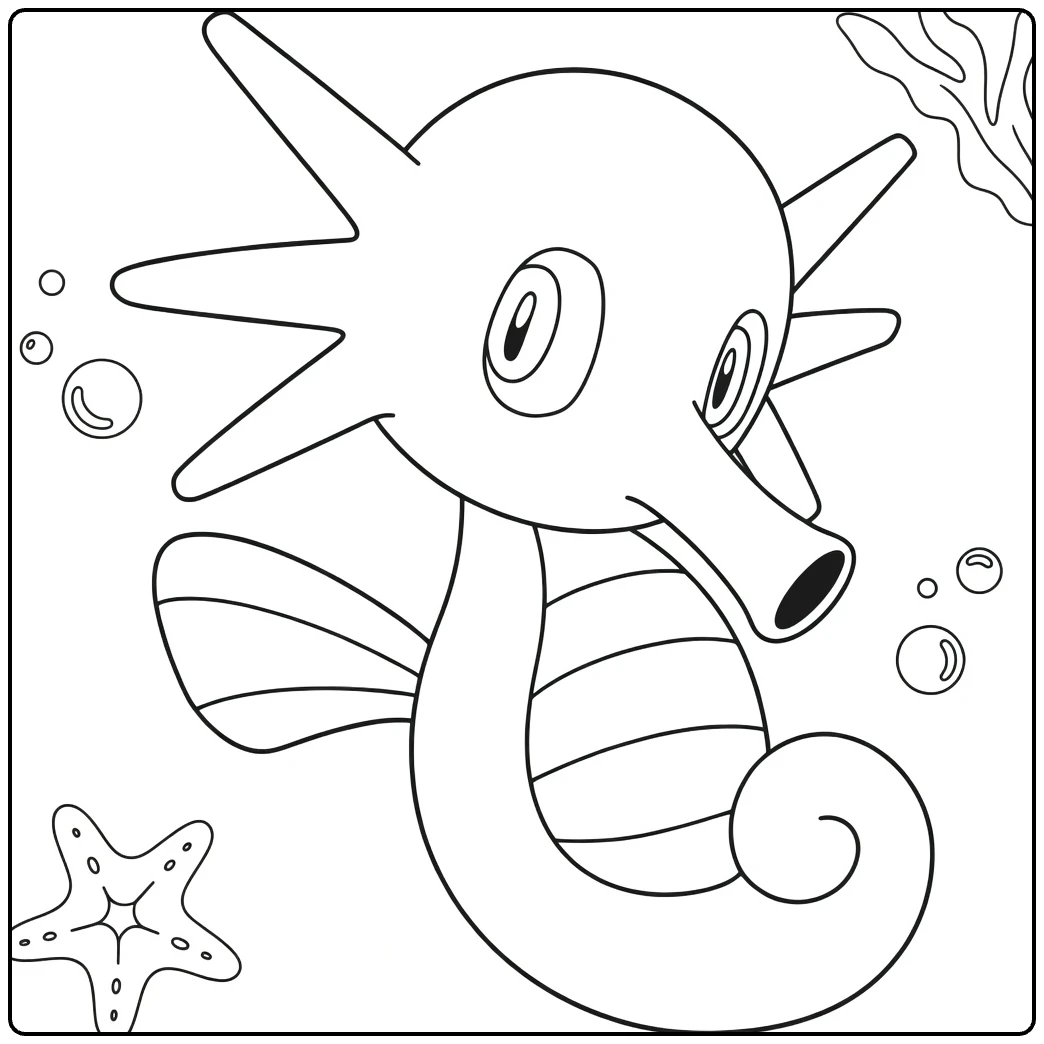 Horsea Water Pokemon Kleurplaat met bubbels