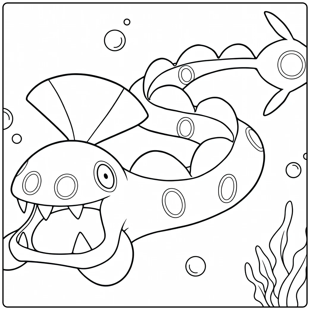 Huntail Water Pokemon Kleurplaat met bubbels en zeewier