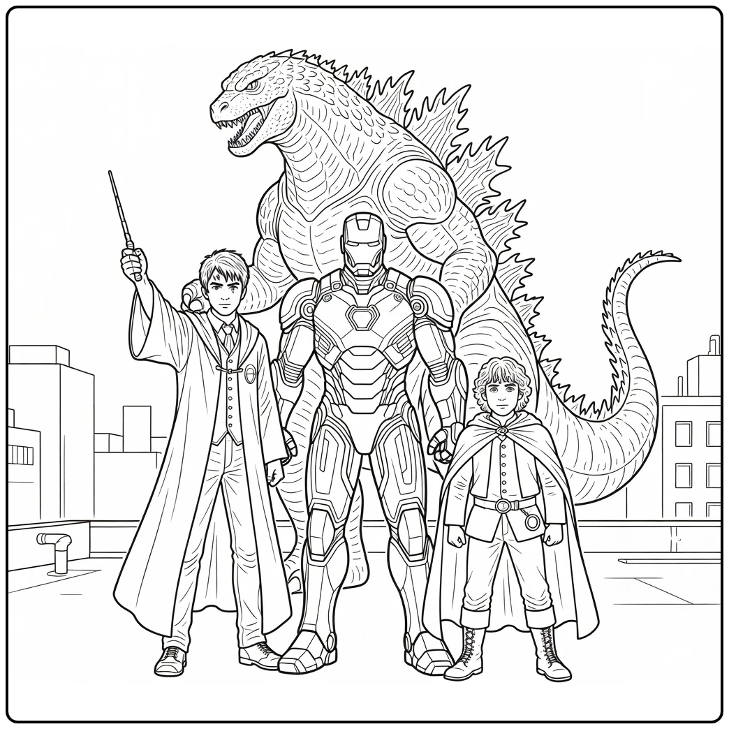 Film Kleurplaat Iron Man, Harry Potter, Godzilla en Frodo