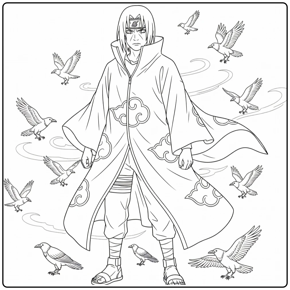 Itachi Kleurplaat: dramatische pose met kraaien