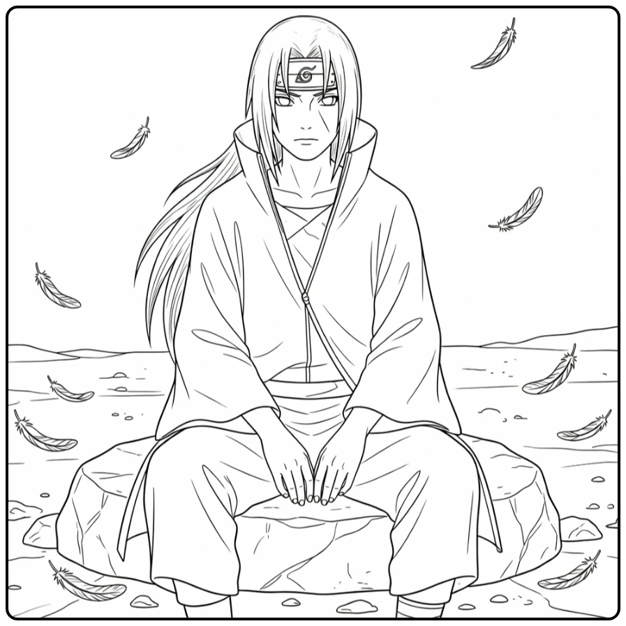 Itachi Kleurplaat: Itachi Uchiha kalm op steen met veren