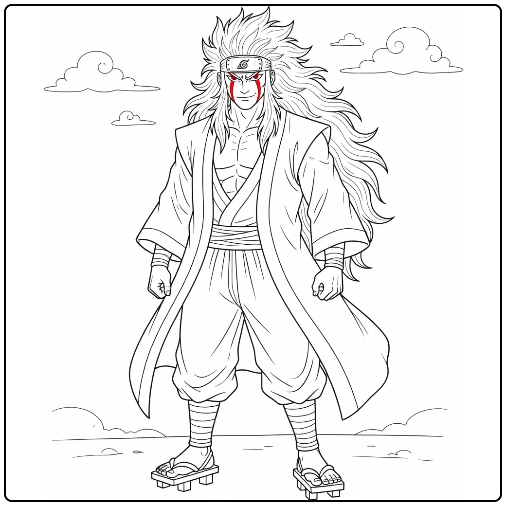 Jiraiya Kleurplaat: trots staand met glimlach, lang haar