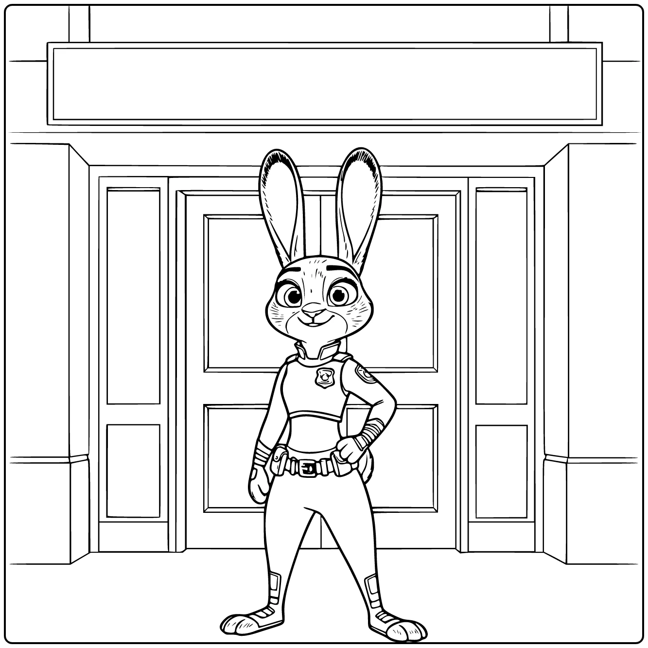 Judy Hopps Kleurplaat: zelfverzekerd in politie-uniform bij ingang