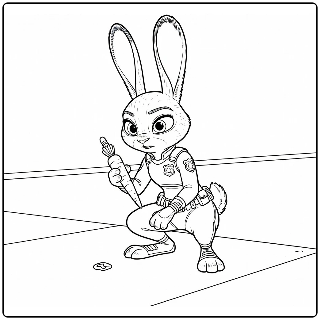 Judy Hopps Kleurplaat: met wortelblokfluit bij onderzoek