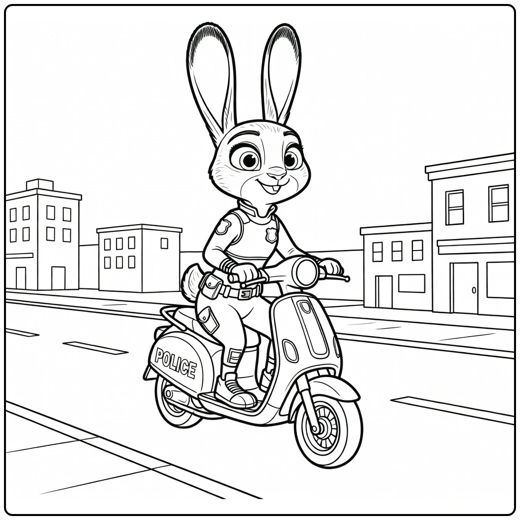 Judy Hopps Kleurplaat: Judy op politie-scooter door stad