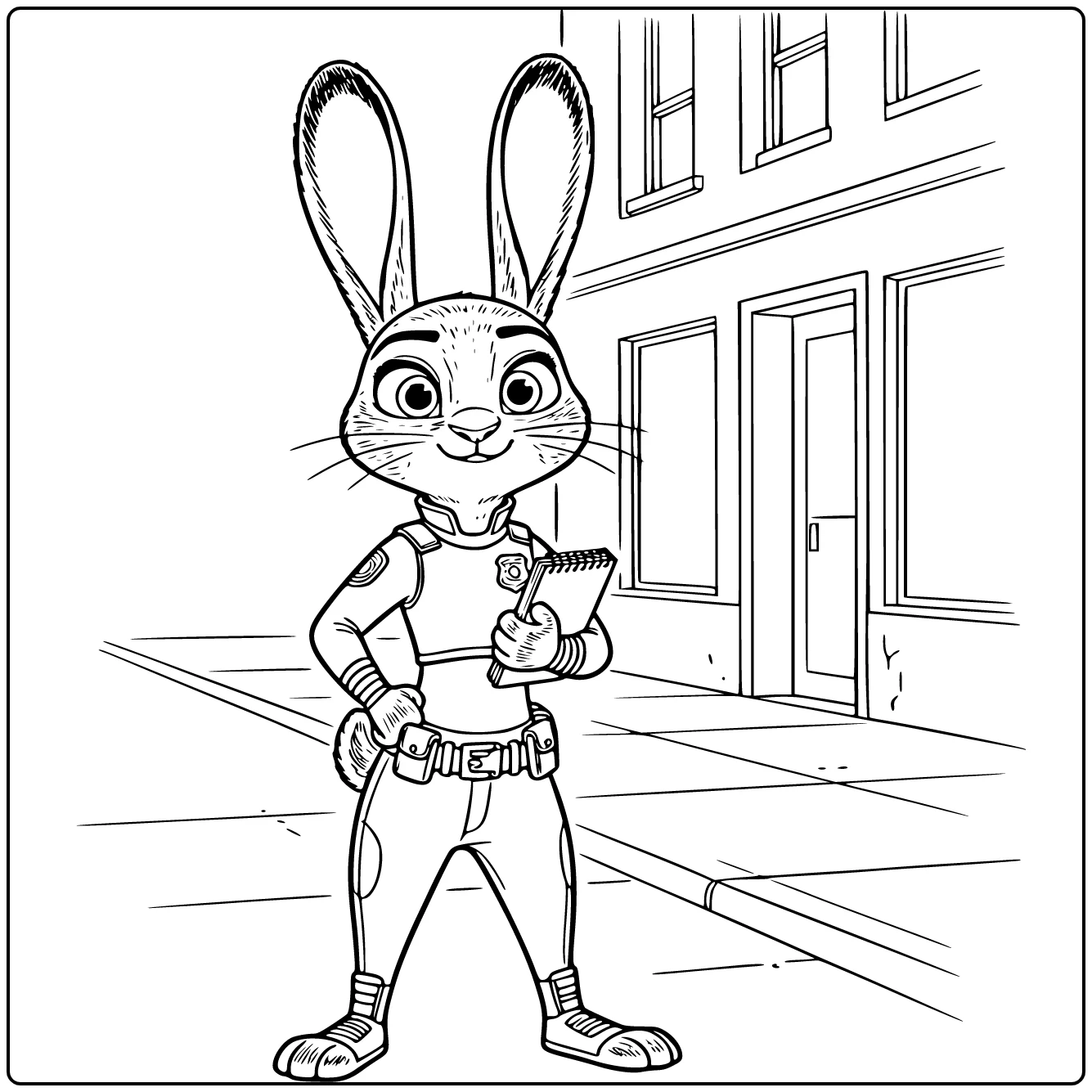 Judy Hopps Kleurplaat: zelfverzekerd in politie-uniform bij stadsrand
