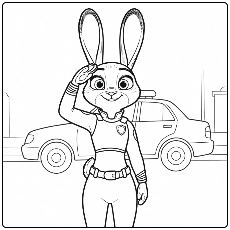 Judy Hopps Kleurplaat: warme glimlach en salut