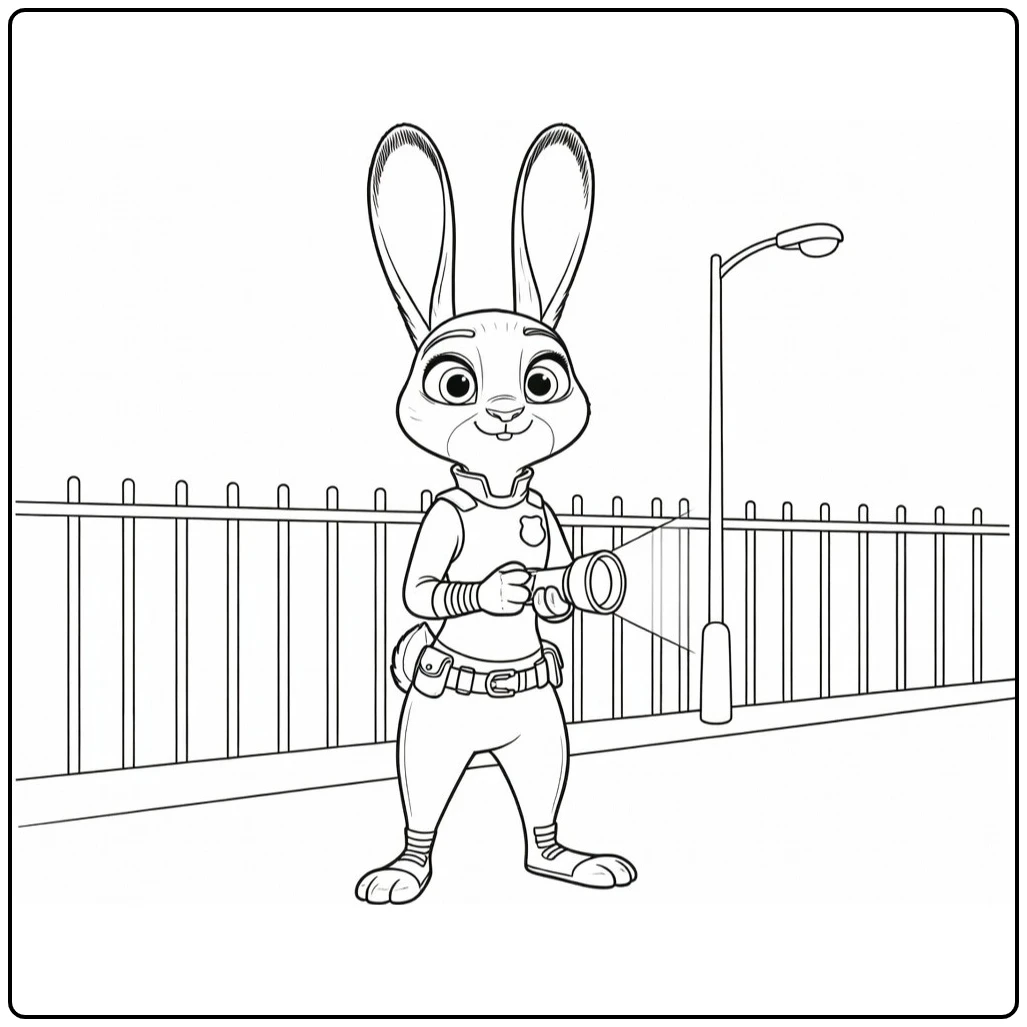 Judy Hopps Kleurplaat: met zaklamp op rustige nachtpatrouille