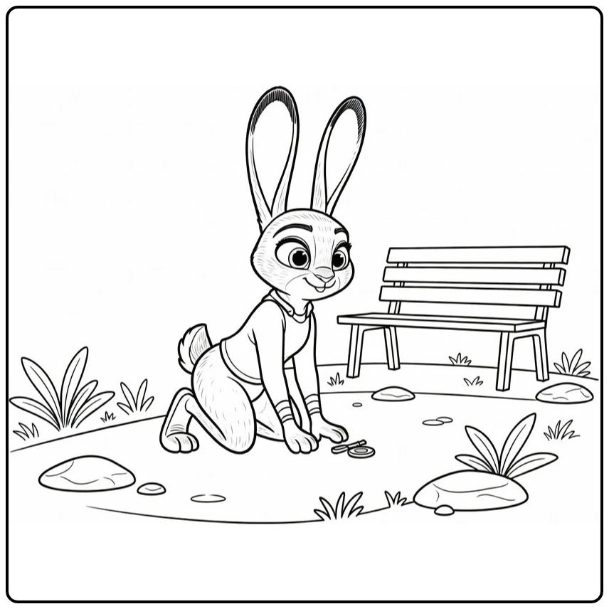 Judy Hopps Kleurplaat: Judy knielt bij verloren item op parkpad