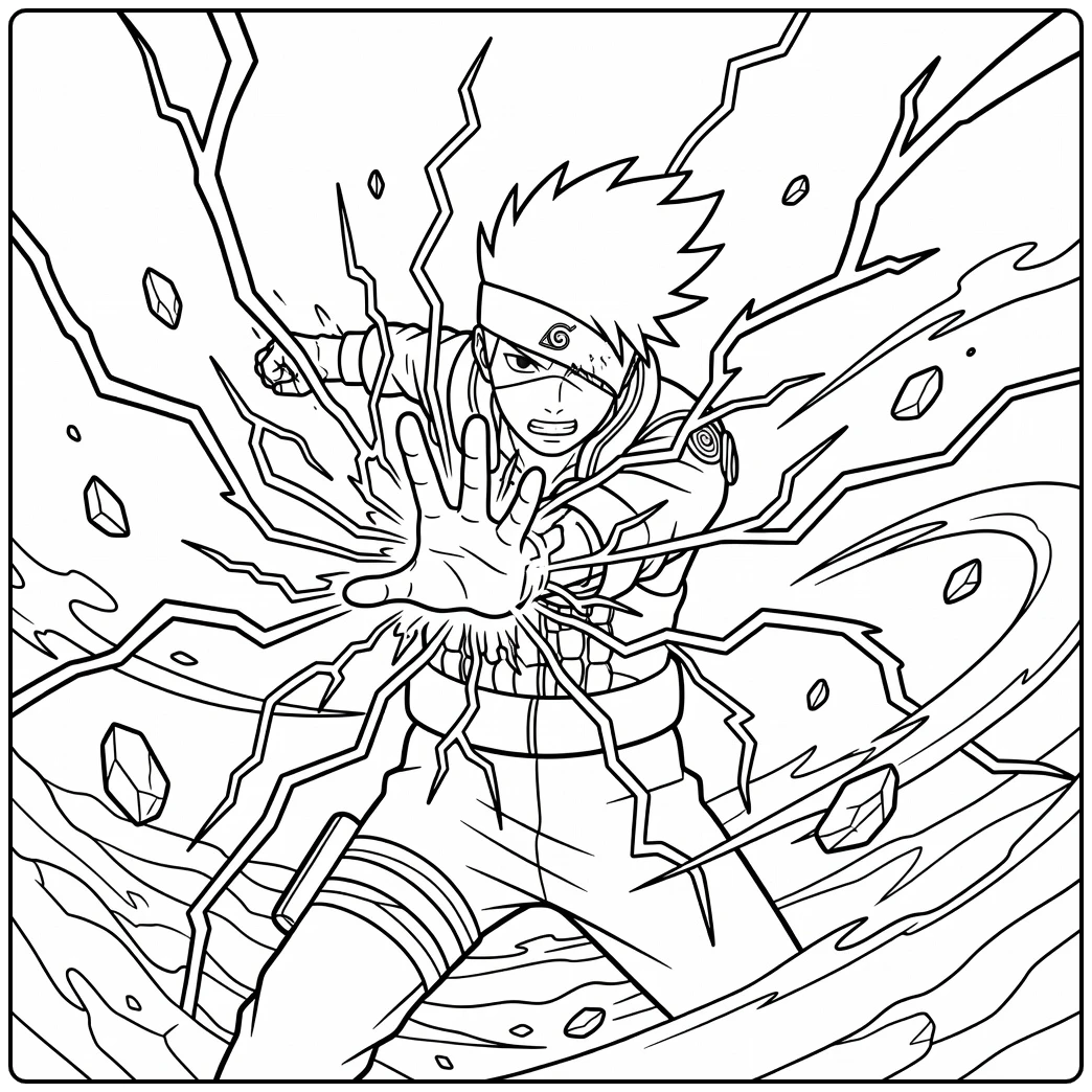 Kakashi kleurplaat bliksemsjutsu hand vooruit energie rotsen