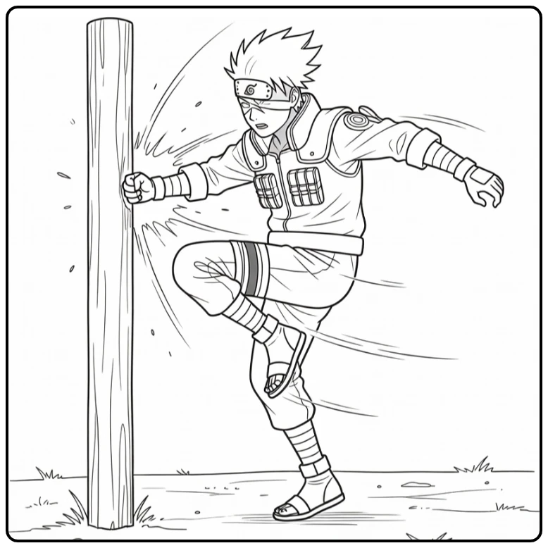 Kakashi kleurplaat: trainen met houten paal, been geheven