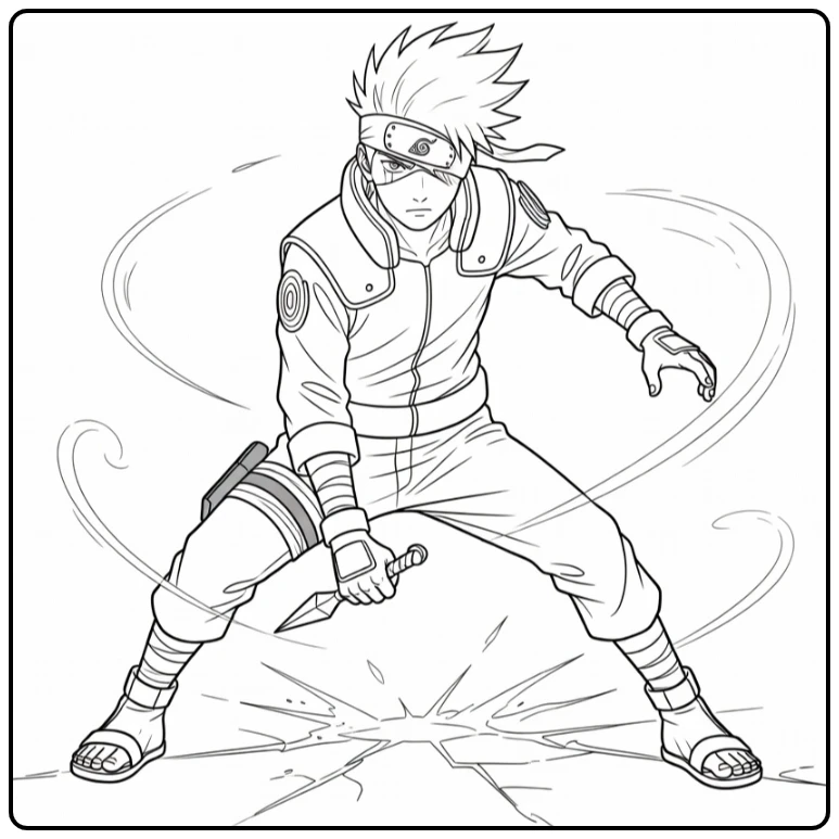 Kakashi kleurplaat: gehurkt met kunai, alerte blik