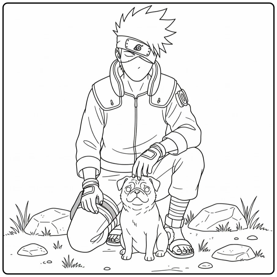 Kakashi kleurplaat: knielend bij ninja-hondje, hand op kop
