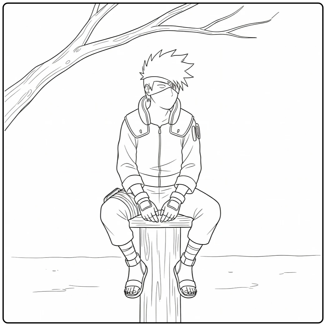 Kakashi kleurplaat: shinobi op hekpaal onder boomtak, kalm kijkend