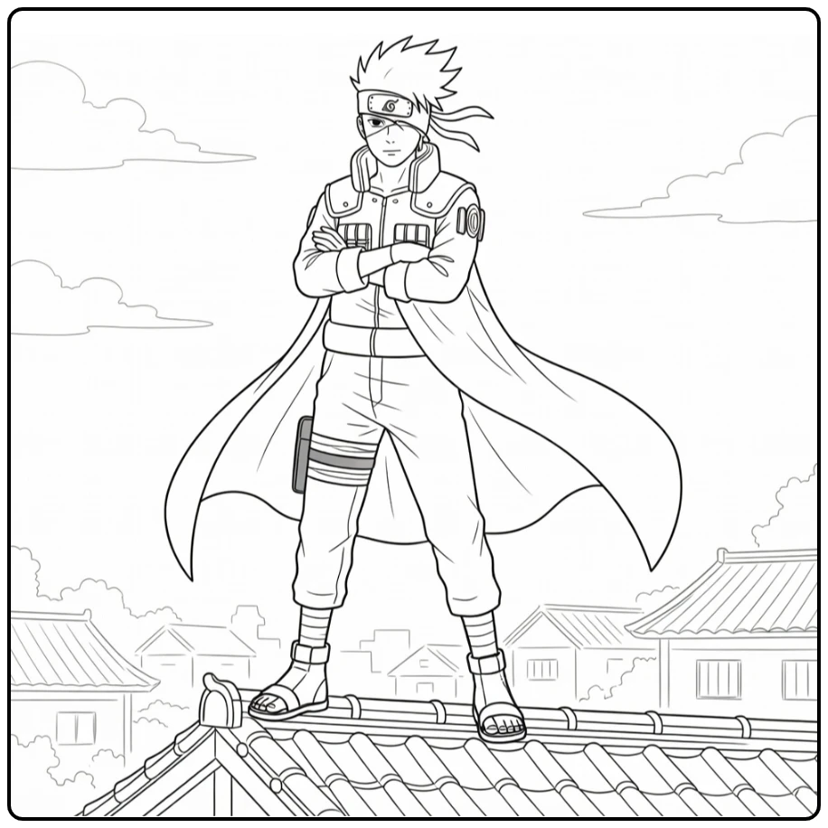 Kakashi kleurplaat: heroïsch op dakrand, armen gekruist