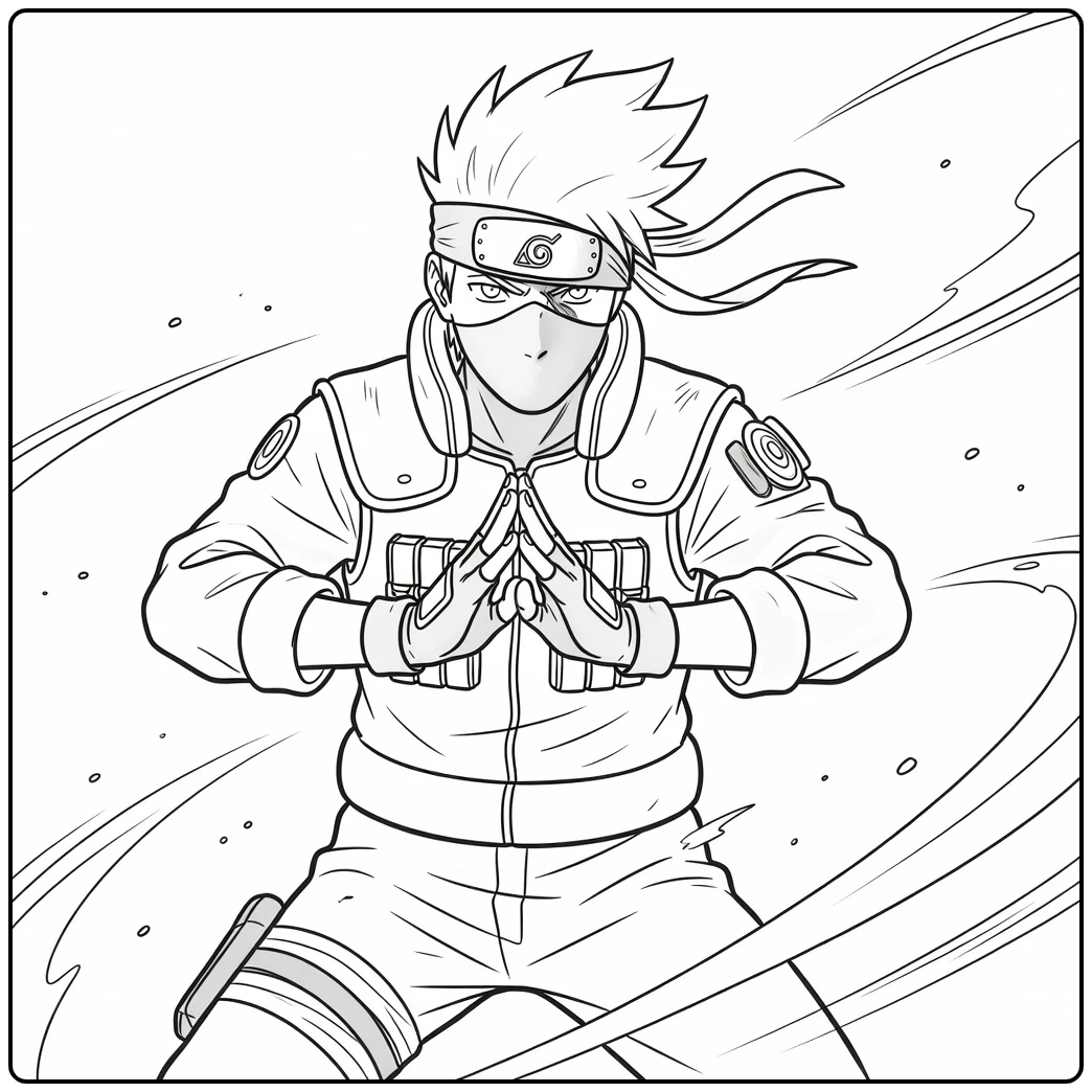 Kakashi Kleurplaat: Kakashi Hatake in vechtpose met handzegel