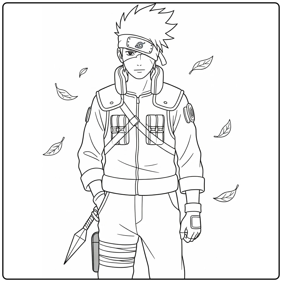 Kakashi kleurplaat: Kakashi Hatake met kunai, hand in zak, bladeren