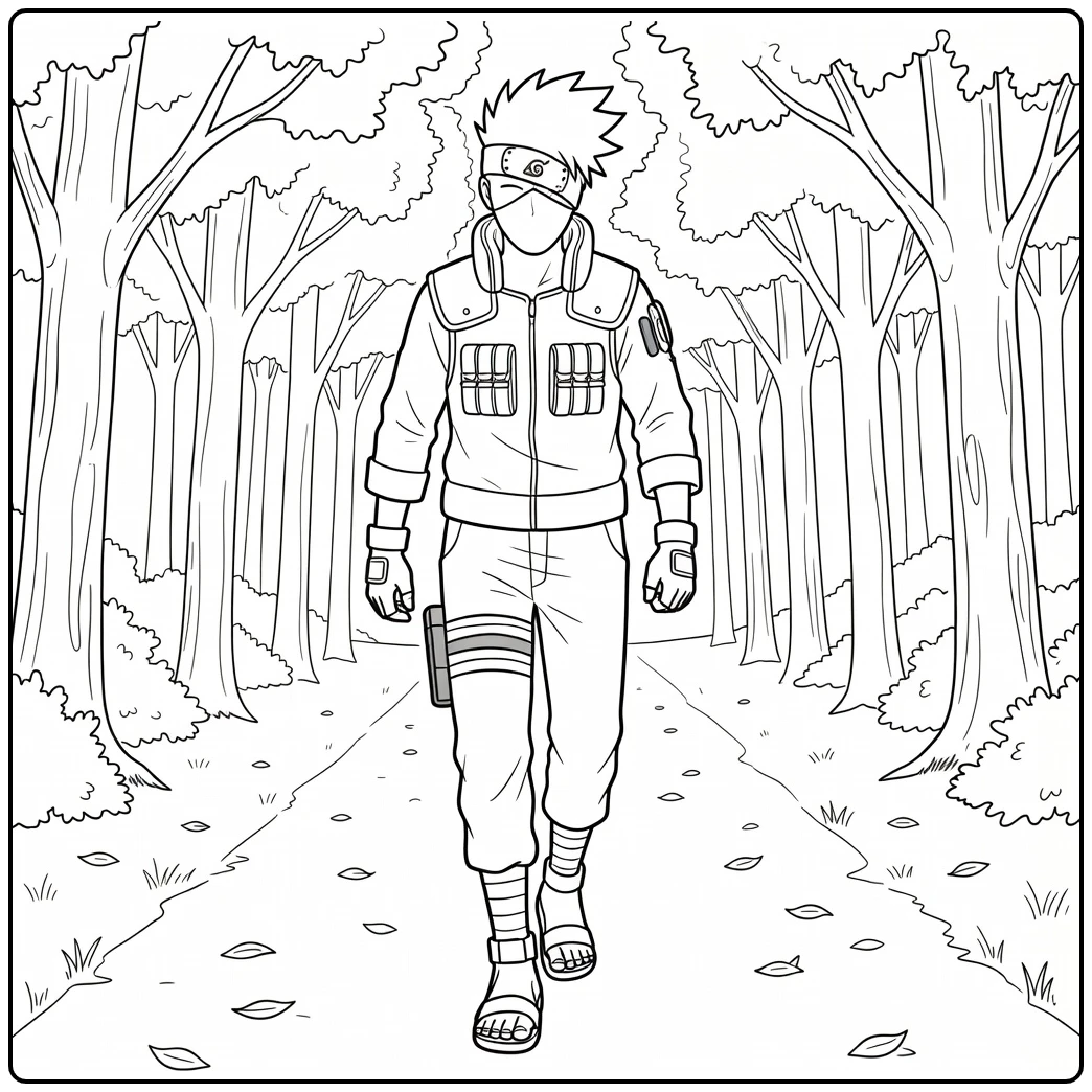 Kakashi kleurplaat: loopt door bospad met bomen en bladeren