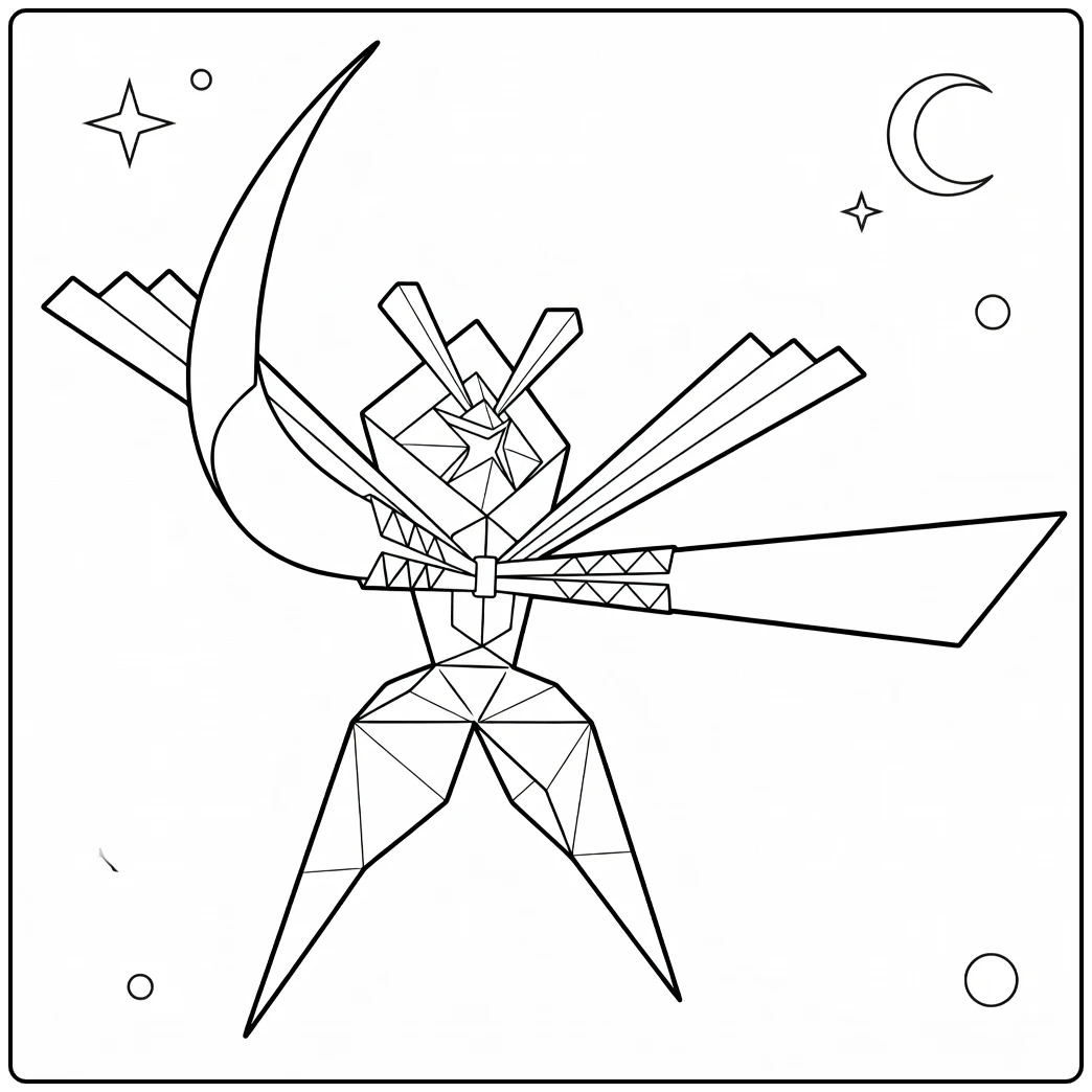 Kartana Kleurplaat: origami Pokémon met zwaarden en sterren