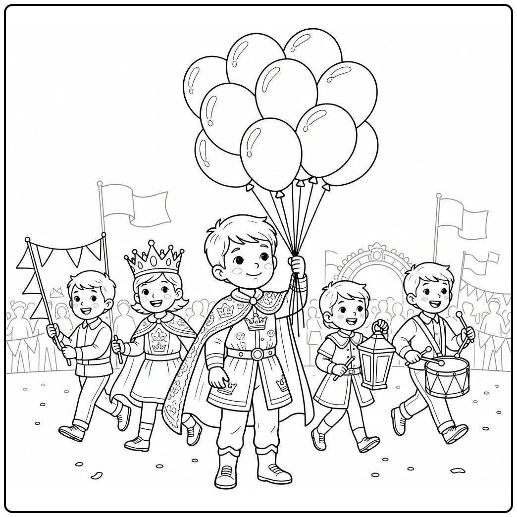 Kinderen Op Koningsdag Kleurplaat: 5 kids in parade