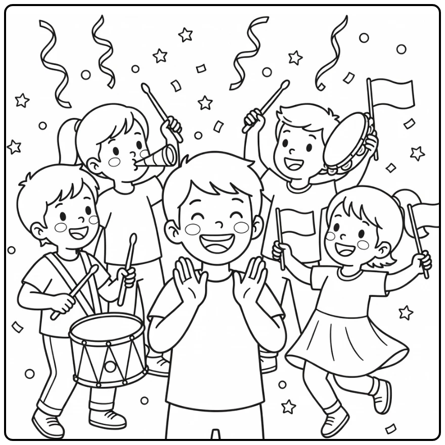 Kinderen Op Koningsdag Kleurplaat: 4 blije kids in muzikale feest