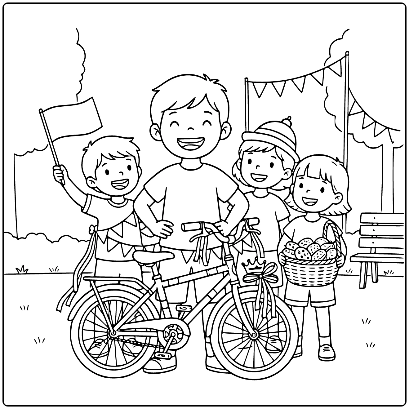Kinderen Op Koningsdag Kleurplaat: feest in park met lachend kind