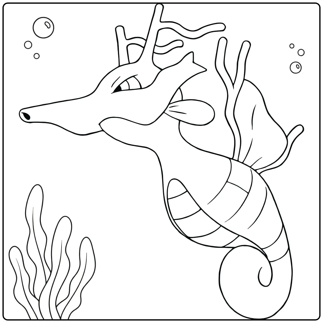 Kingdra Water Pokemon Kleurplaat met bellen zeewier
