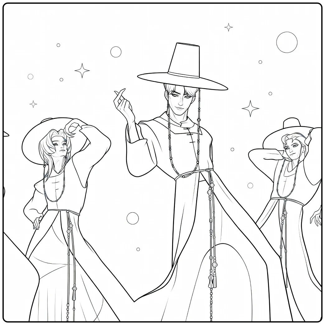 kpop demon hunters kleurplaat saja boys in hanbok poses, 58 chars