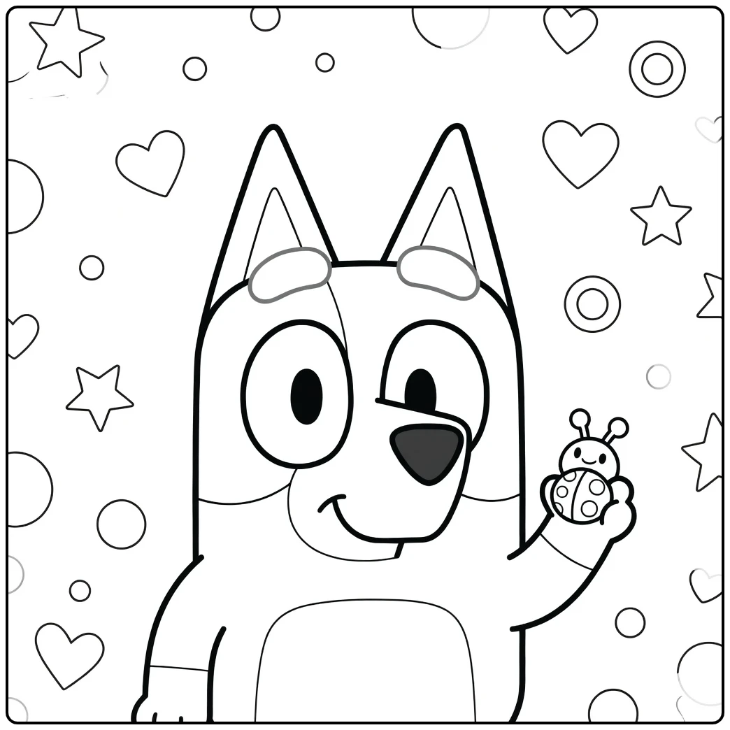 Kleurplaat Bingo Bluey met lieveheersbeestje en sterren
