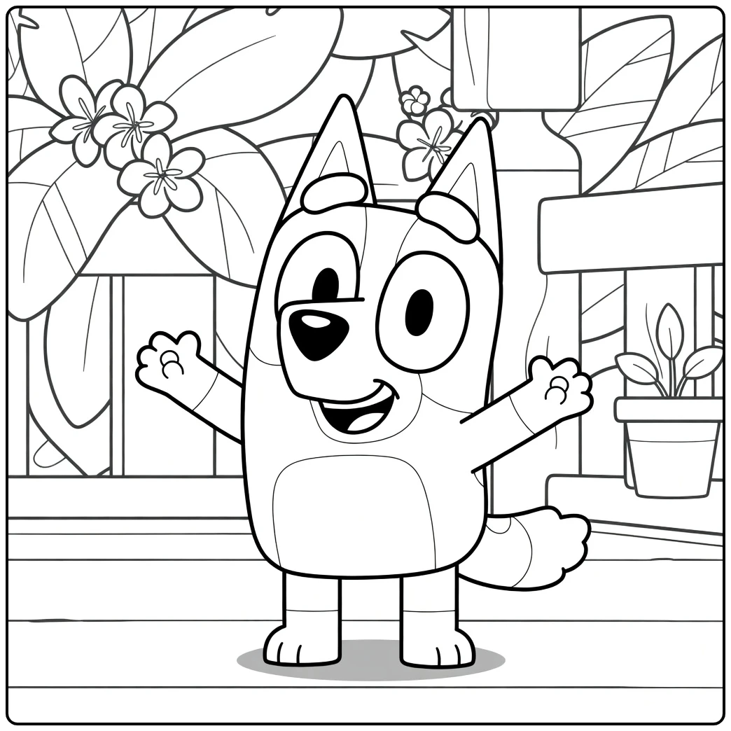 kleurplaat bingo bluey vrolijke bluey armen wijd jungle