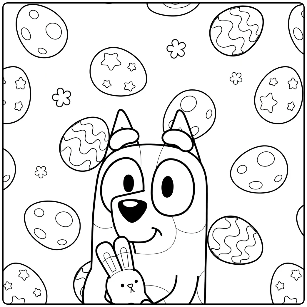 Kleurplaat bingo bluey met paaseieren en konijntje