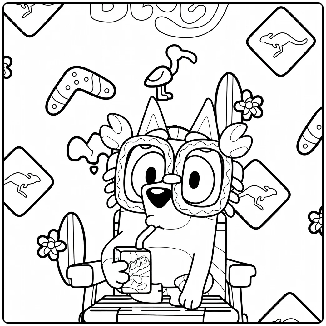 kleurplaat bingo bluey - Bluey drinkt sap in strandstoel