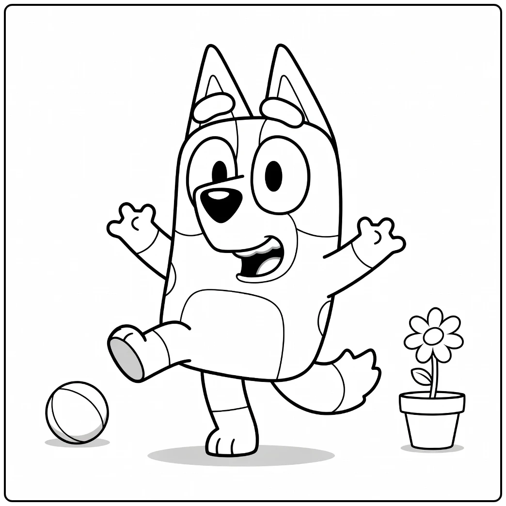 kleurplaat bingo bluey schopt bal bij bloempot