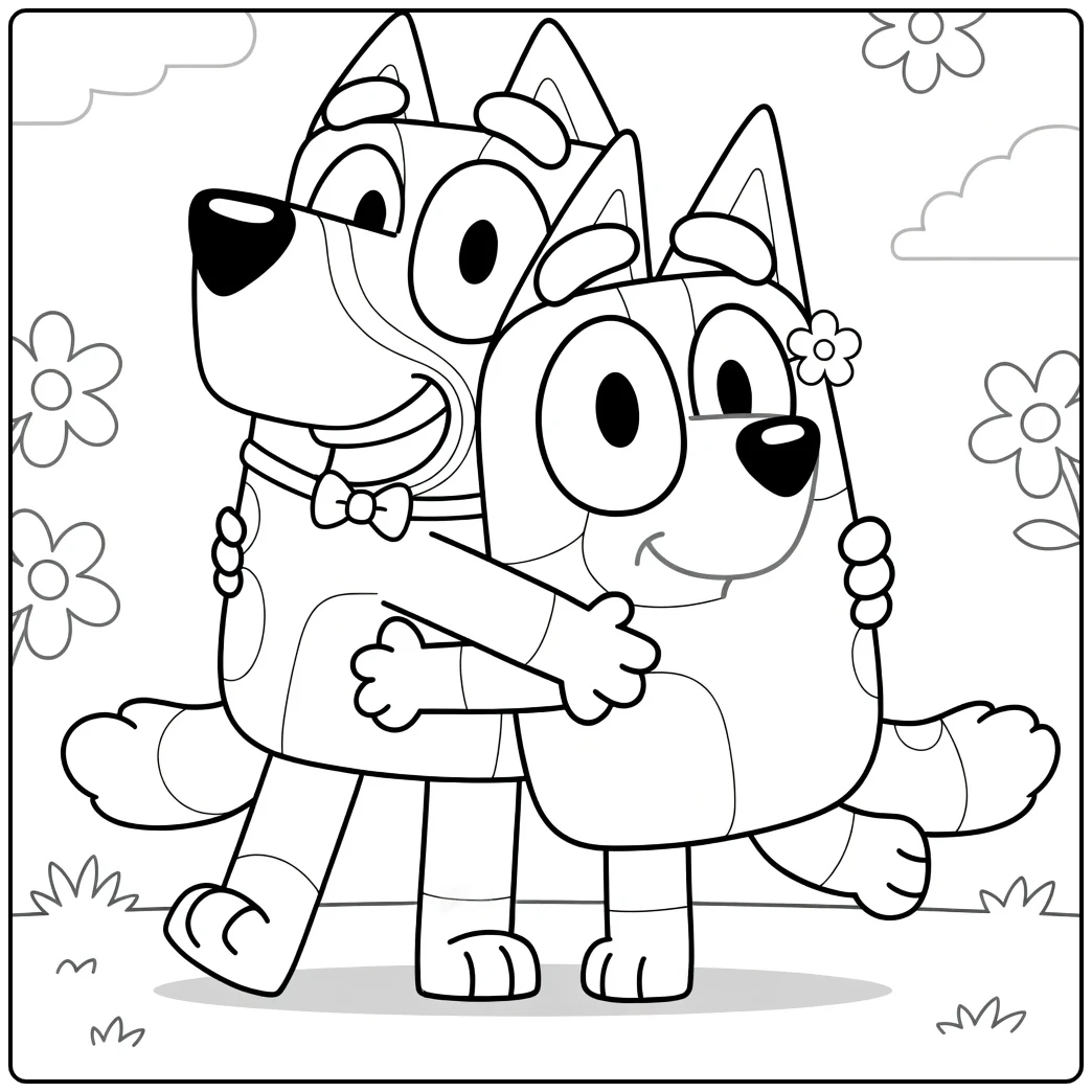 Kleurplaat bingo bluey knuffelen met bloemen