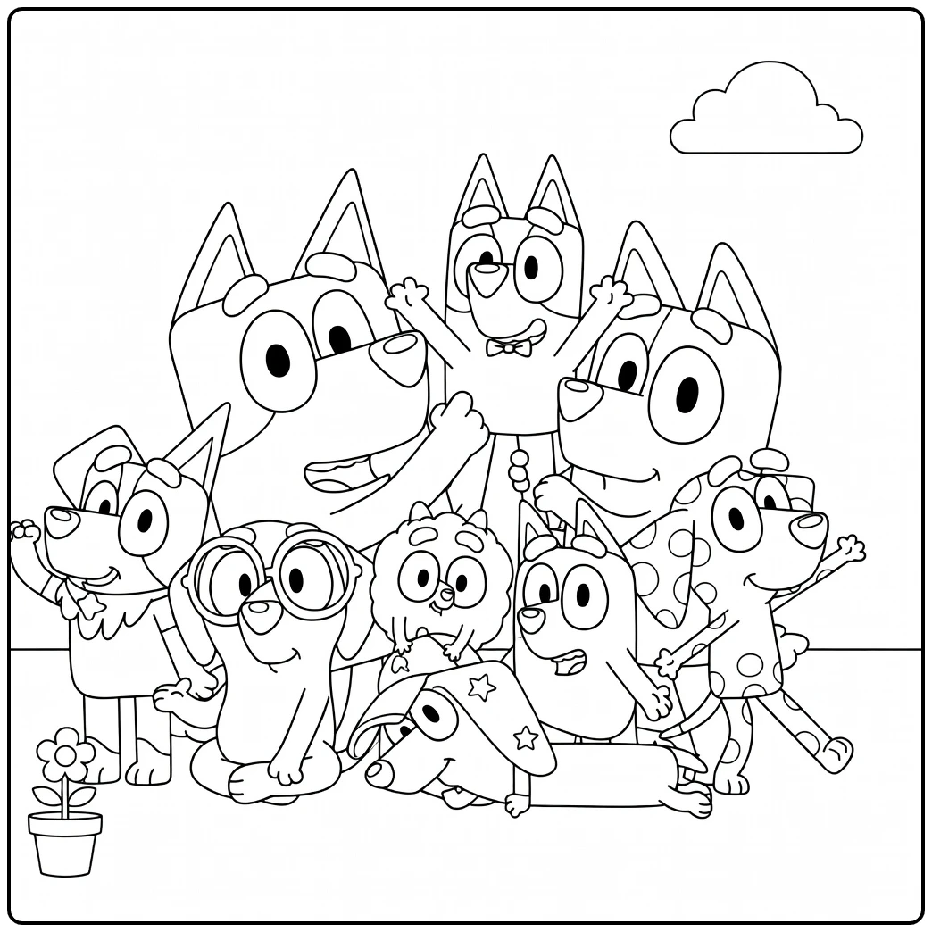 Kleurplaat bluey familie vrolijk poseert met plant