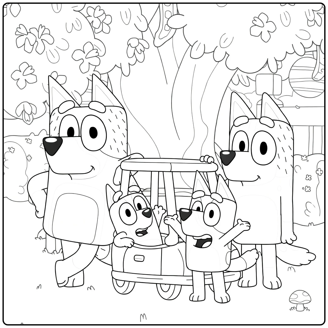 Kleurplaat Bluey familie met buggy, bomen en bloemen
