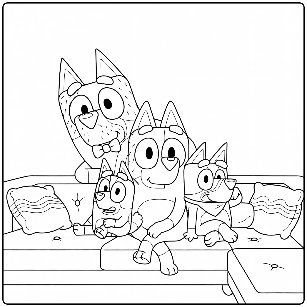kleurplaat bluey familie op bank met Bandit Chilli Bluey Bingo