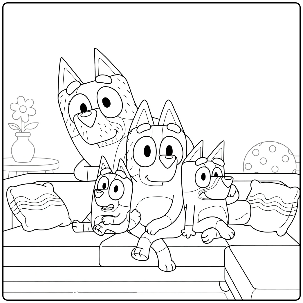 kleurplaat bluey familie op de bank met kussens en vaas