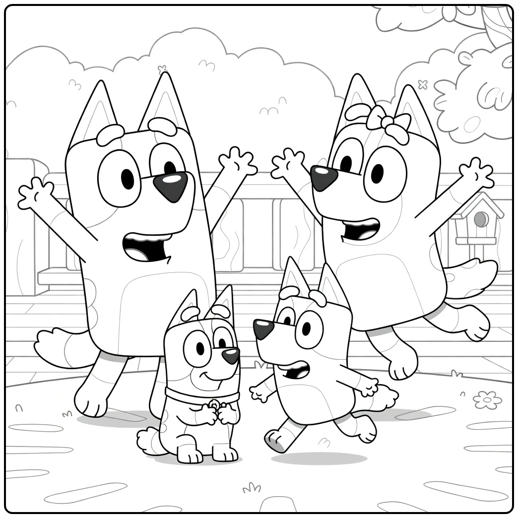 kleurplaat bluey familie: Bandit Chilli Bluey Bingo vrolijk