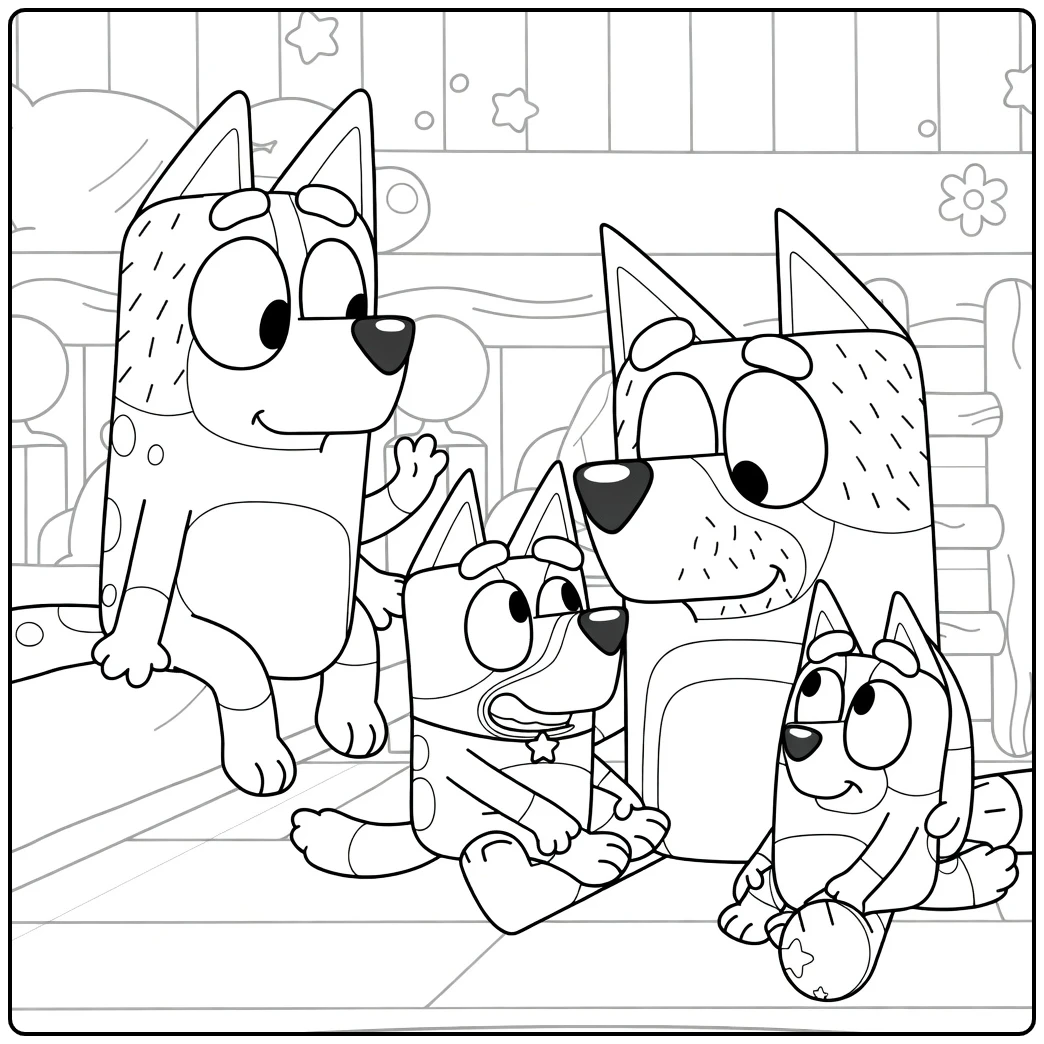 Kleurplaat bluey familie: Bluey, Bingo, Bandit, Chilli
