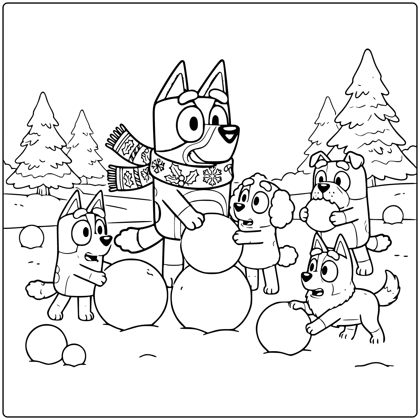 Kleurplaat bluey kerst: Bluey met sjaal, Bingo Coco Judo