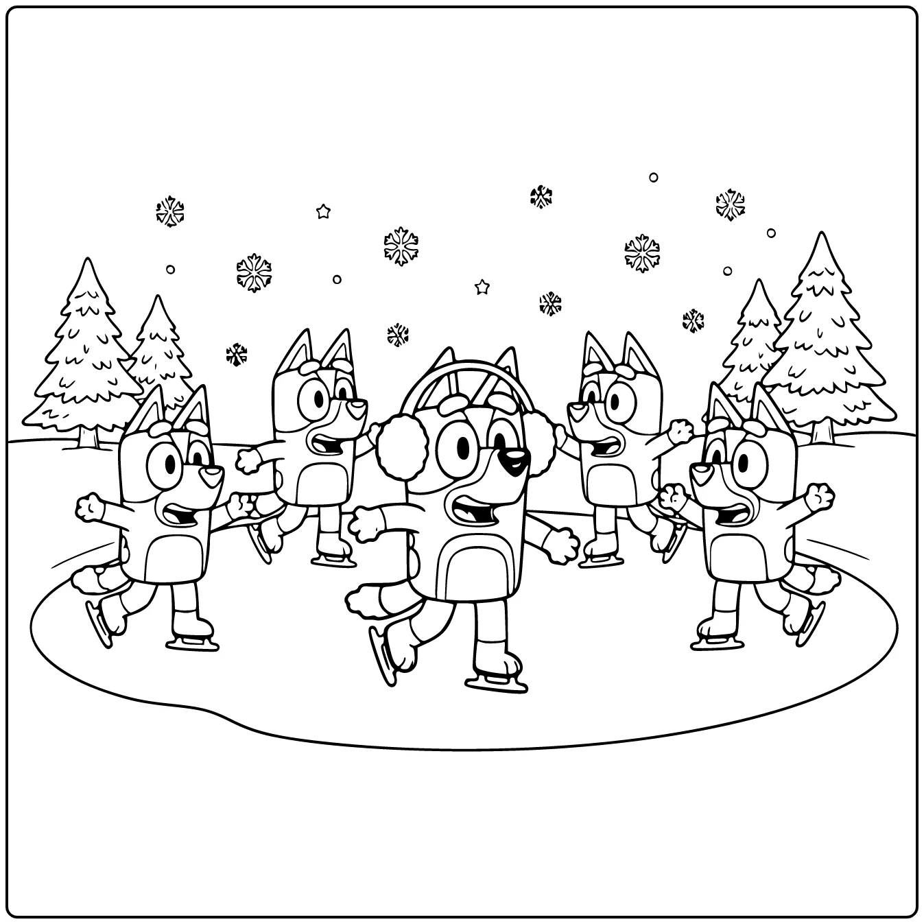 kleurplaat bluey kerst: Bluey op ijspond met oorkappen