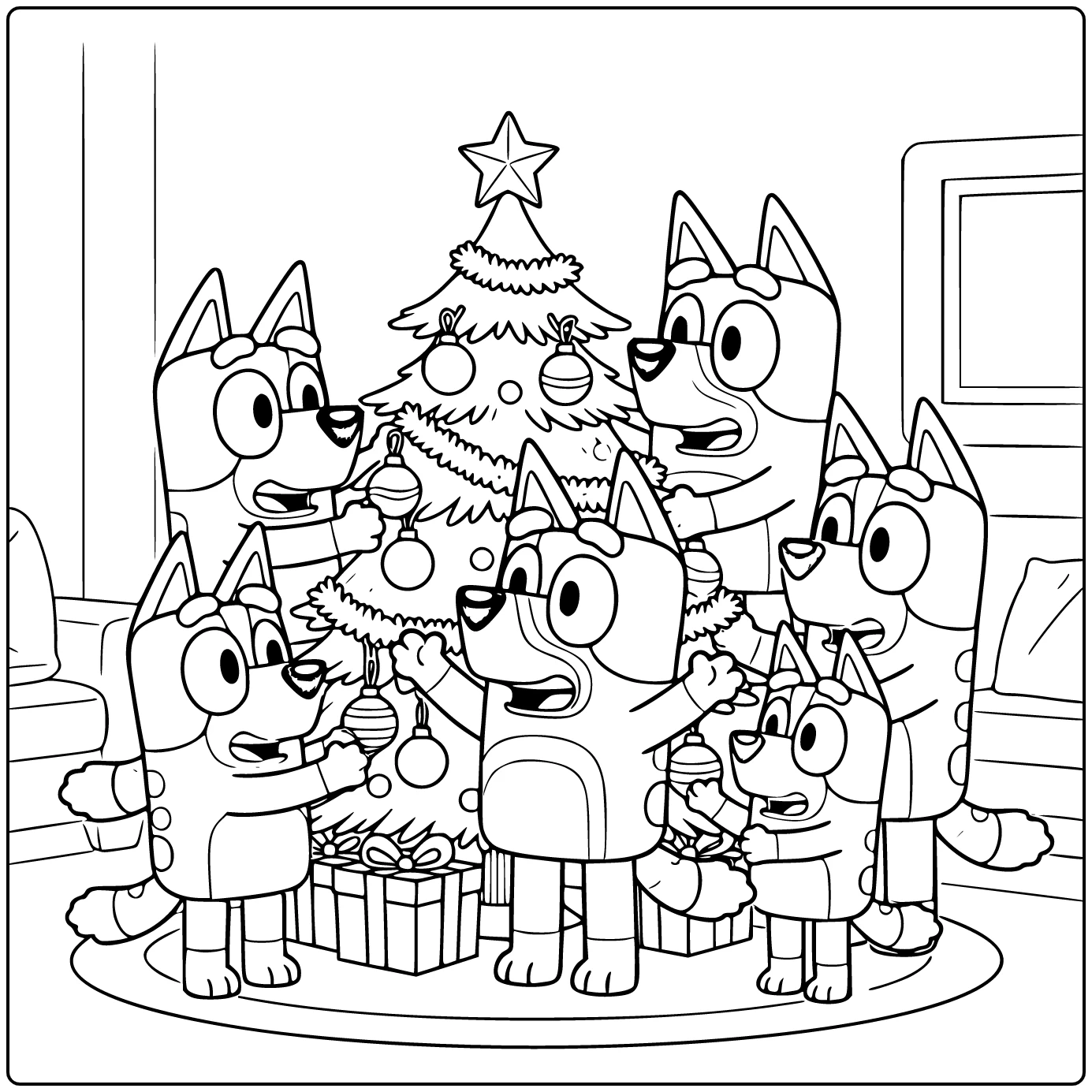 kleurplaat bluey kerst: bluey versiert kerstboom centraal