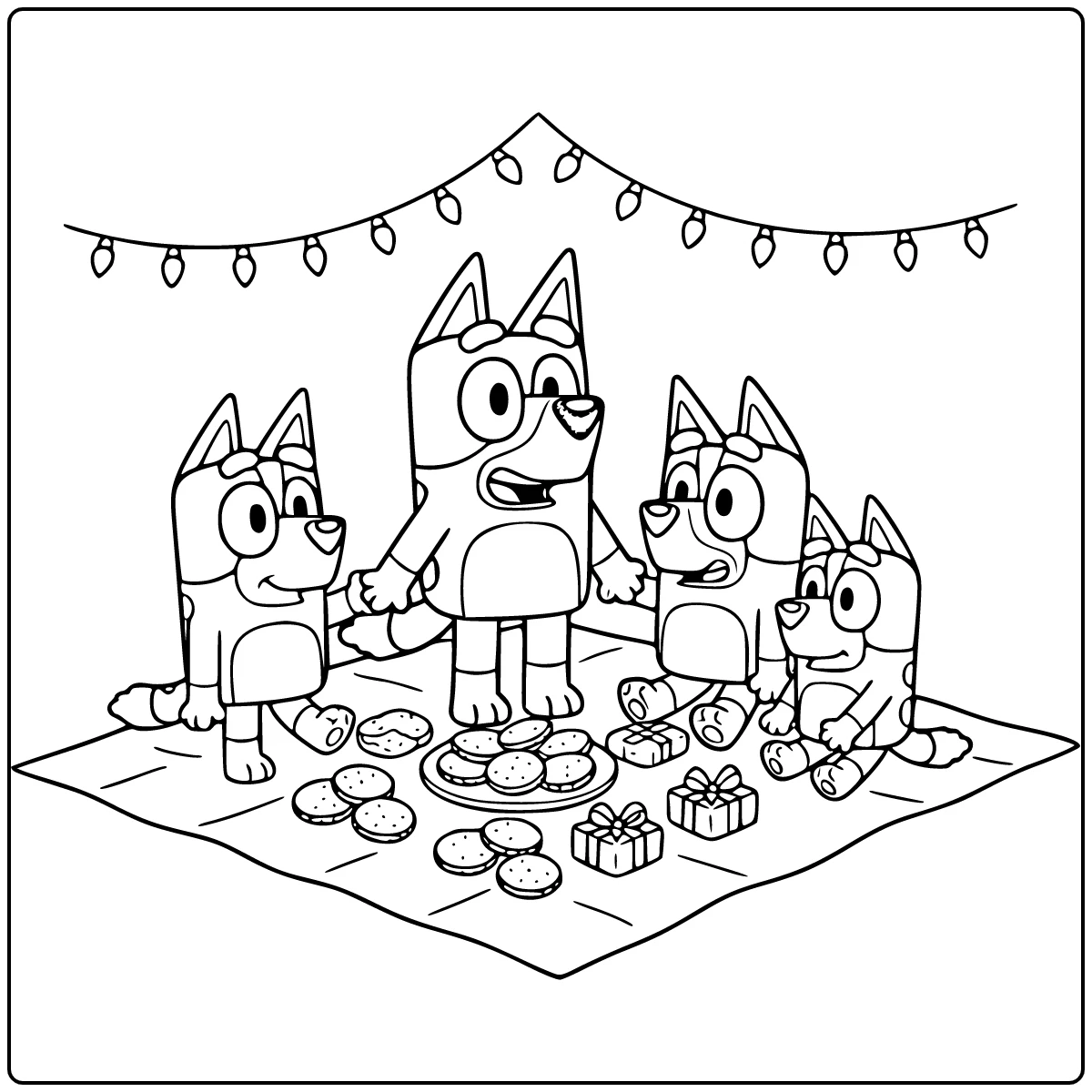 kleurplaat bluey kerst: Bluey op feestpicknick met Bingo Chilli Frisky