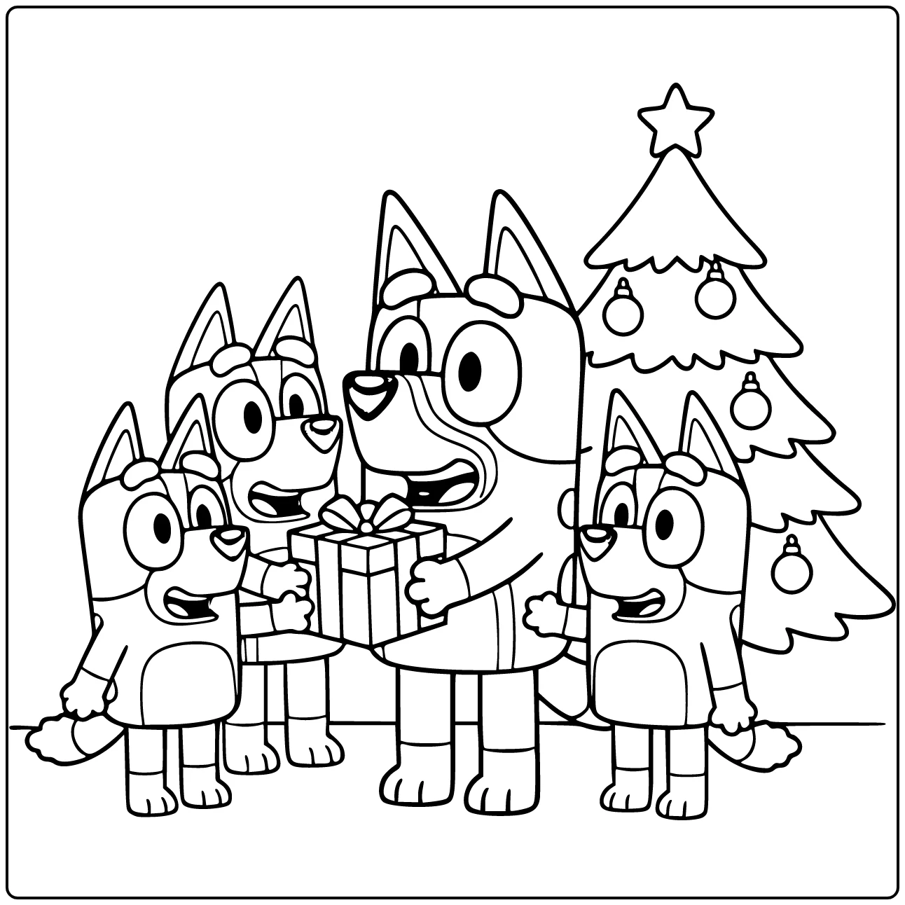 Kleurplaat Bluey Kerst: Bluey met cadeau voor Bingo (55 chars)